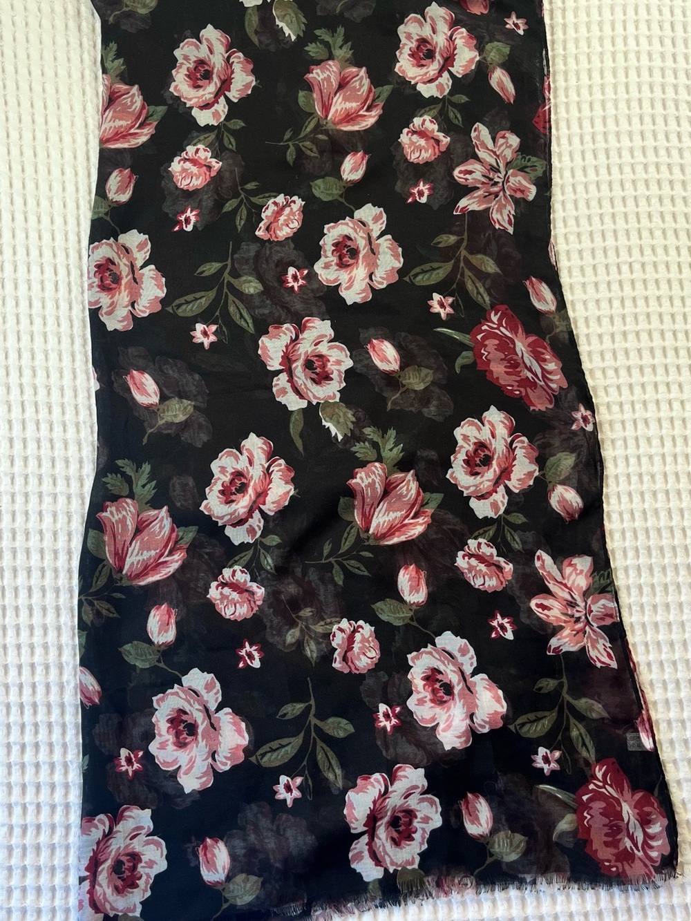 ADD-ON. Floral Sheer Scarf Black Pink Rose Print Lightweight Wrap 36x72 inches